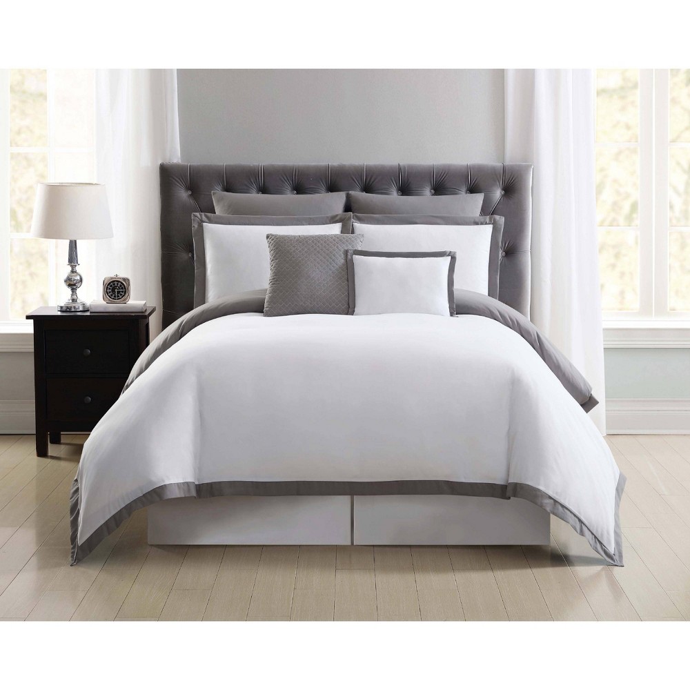 Photos - Bed Linen Truly Soft Everyday Full/Queen Hotel Border Duvet Cover Set White/Gray: Polyester, OEKO-TEX Certified, 7-Piece Set