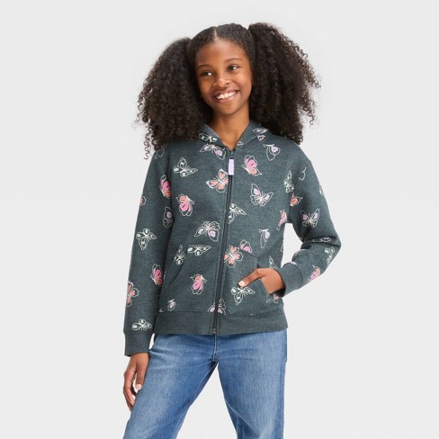 Girls' Zip-Up Fleece Hoodie Sweatshirt - Cat & Jack™ Charcoal Gray L