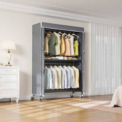 Black Heavy Duty Rolling Garment Rack with Grey Cover