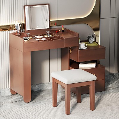 INFURNIC Vanity Tables 3 in 1 Makeup Vanity Desk with Flip Top Mirror and Adjustable Storage for Bedrooms, Brown, 45.25"*16.3"*31.3"