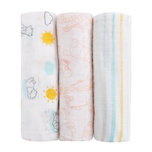 NoJo Disney Winnie the Pooh Yellow, Aqua, and White 3 Piece Muslin Swaddle Baby Blanket Set - 1 of 4