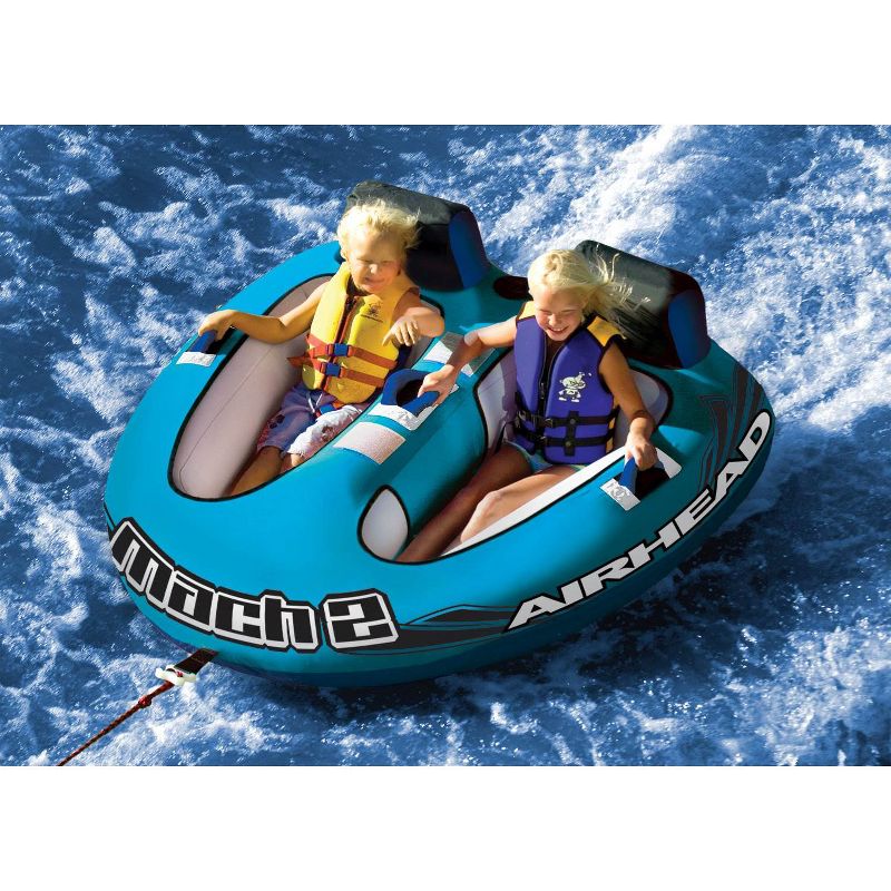 Airhead AHM2-2 Mach 2 Inflatable Two Rider Cockpit Lake Water Boating Towable Tube in Blue with Tow Point, Speed Safety Valve, and Handles, 4 of 7