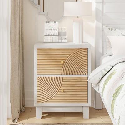JIONJOY 2-Drawer Nightstand with Handcrafted Ring Pattern,Boho Bedside Table for Farmhouse & Mid-Century Decor-Natural