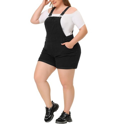 Agnes Orinda Women's Plus Size Adjustable Strap Pocket Roll Hem Denim  Overall Jean Shorts Black 1x : Target