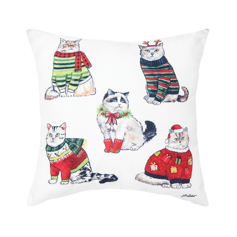 C&F Home 18" x 18" Five Cats Wearing Holiday Christmas Sweaters Indoor and Outdoor Throw Accent Pillow, 1 of 6