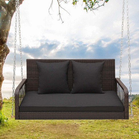 Black wicker store porch swing