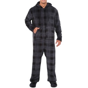 ADR Men's Plush Fleece One Piece Hooded Footed Zipper Pajamas Set, Soft Adult Jumpsuit PJs with Hood - 1 of 4