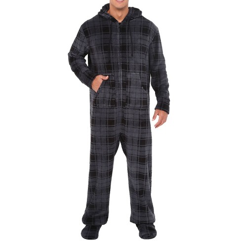 ADR Men s Hooded Footed Adult Onesie Pajamas Set Plush Winter PJs with Hood Gray Plaid 3X Large