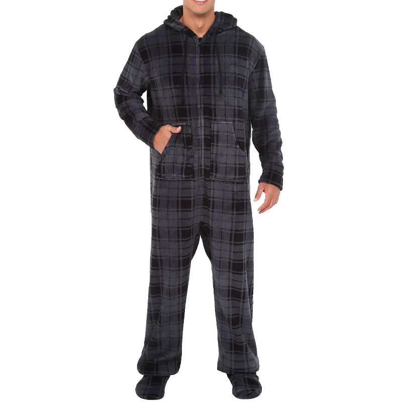 Men's Warm Fleece One Piece Hooded Footed Zipper Pajamas Set, Soft Adult Onesie Footie with Hood for Winter, 1 of 9