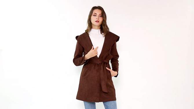 Allegra K Women's Winter Lapel Hooded Wrap Belted Long Coat with Pockets, 2 of 7, play video