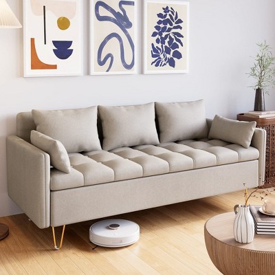 Whizmax Modern 3-Seat Sofa Couch with Storage under Seat Cushion, Comfy Leather Fabric Sofa with 5 Pillows for Living Room, Bedroom, Apartment