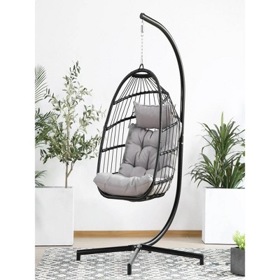 37.01"Hanging Folding Egg Chair for Indoor Outdoor Patio with Aluminum Frame and Metal Stand