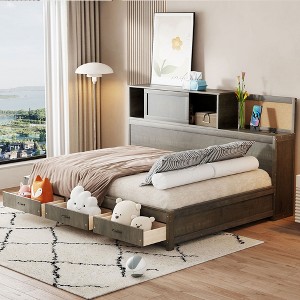 TIRAMISUBEST Full Size Wooden Daybed with 3 Storage Drawers, Upper Soft Board, shelf, and a set of Sockets and USB Ports - 1 of 4