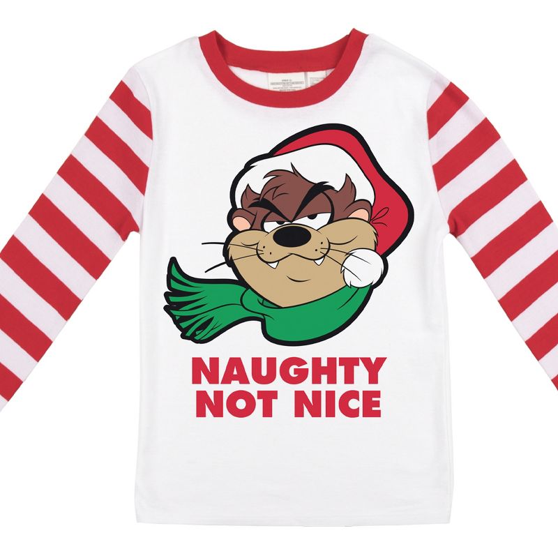 Looney Tunes Taz Naughty or Nice Youth Red and White Striped Long Sleeve Pajamas, 3 of 5