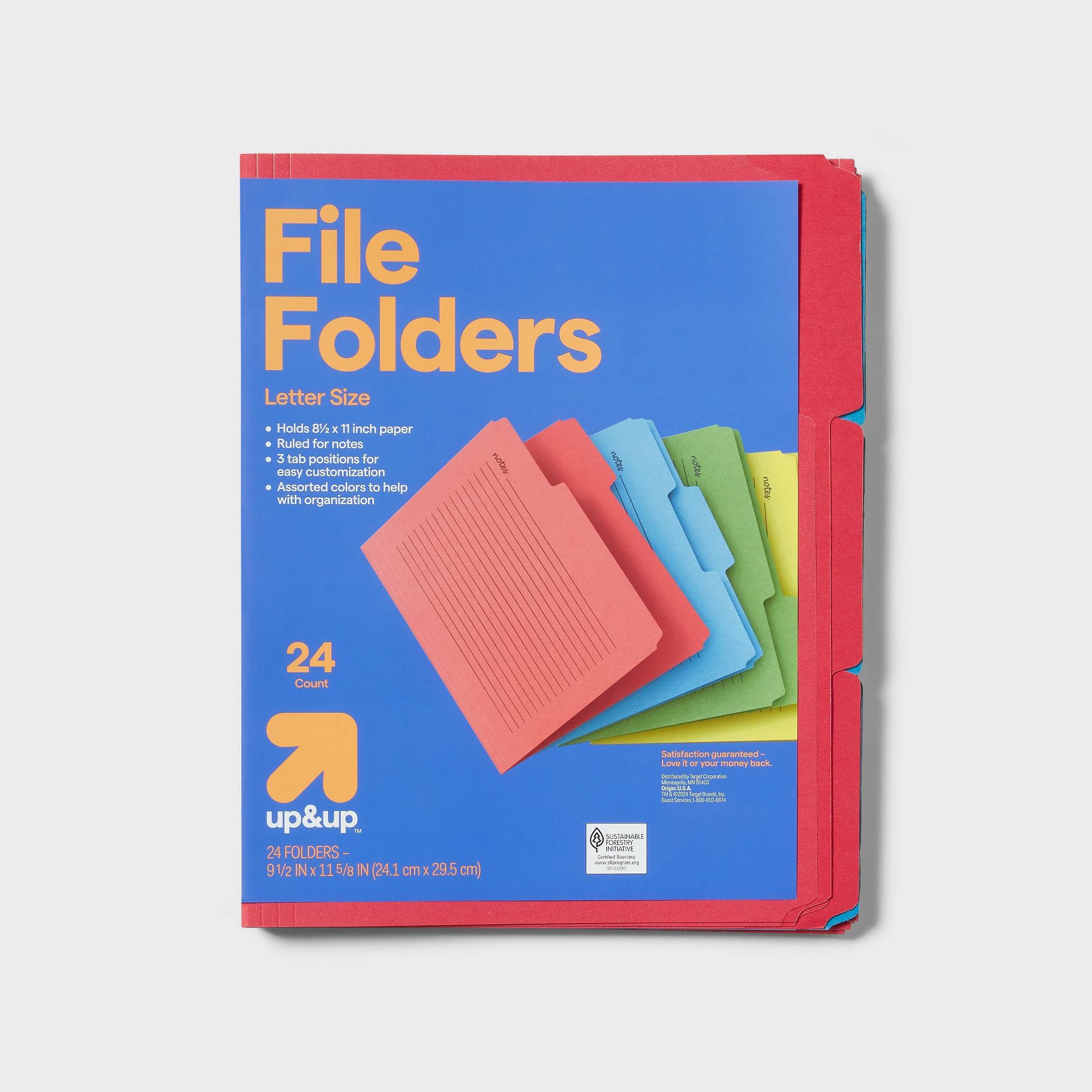 24ct Letter Size File Folders Primary Colors - up&up™: Cardstock, Top Tab, Multicolor, 9.5"x11.625", 1 Pocket