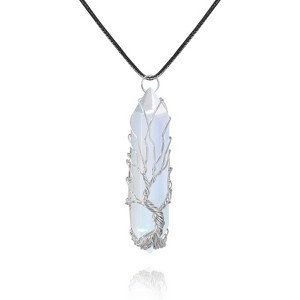 Tree of Life Crystal Necklace, Wire Wrapped Natural Stone Reiki Healing Jewelry Opal-Silver-Leather Chain - 1 of 4