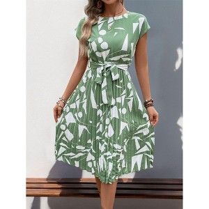 Floral Dress for Women Wedding Guest Crewneck Short Sleeve Casual Summer Dress Tie Waist Midi Flowy Boho Beach Dresses - 1 of 4