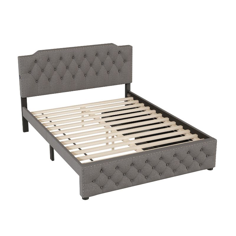 Queen Size Upholstered Platform Bed with USB Ports and Twin Size Trundle Bed/2 Drawers-ModernLuxe, 4 of 12