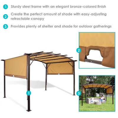Tan Metal Arched Pergola with Retractable Canopy, 12 Ft.