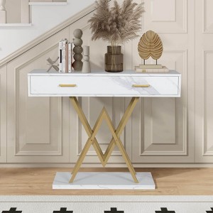 ELECWISH Console Table, White Modern Entryway Desk with Drawer, 39’’ Hallway Stand with Geometric Gold Base - 1 of 4