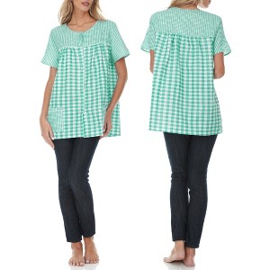 Ezi Women's Snap Front Short Sleeve Gingham Shift Seersucker Housecoat Apron Shirt - 1 of 4