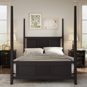 NicBex Queen/King Size Four Poster Platform Bed Frame with Horizontal Grille Design Headboard,Solid Wood Slats,No Box Spring Needed,Easy Assembly - 1 of 4