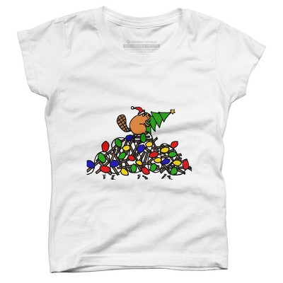 Girl's Design By Humans Cool Christmas Beaver dding Lights to Dam By SmileToday T-Shirt