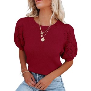 BLUEMING Sweater Tops for Women Short Sleeve Crew Neck Summer Knit Shirt Eyelet Knit Elbow Sleeve Tops - 1 of 3