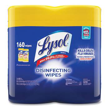 LYSOL Brand Disinfecting Wipes, 1-Ply, 7 x 7.25, Lemon and Lime Blossom, White, 80 Wipes/Canister, 2 Canisters/Pack