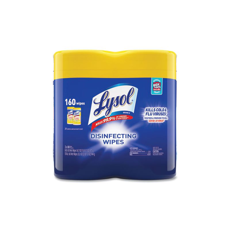 LYSOL Brand Disinfecting Wipes, 1-Ply, 7 x 7.25, Lemon and Lime Blossom, White, 80 Wipes/Canister, 2 Canisters/Pack, 1 of 8