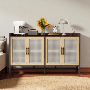 Sideboard Buffet Cabinet with Rattan Doors, 4-Door Storage Cabinet with Adjustable Shelves, Solid Wood Legs for Dining Room, Kitchen, Living Room - 1 of 4
