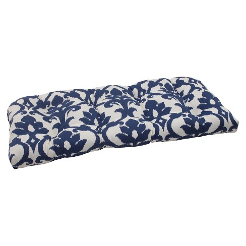 Outdoor Wicker Loveseat Cushion Blue White Damask Pillow Perfect