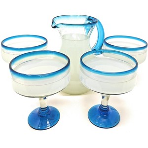 Dos Sueños Mexican Hand Blown Glassware Combo Set - Aqua Rim Pitcher and Margarita Glasses - 1 of 4