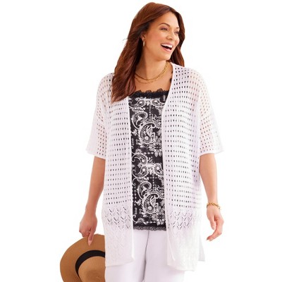 Catherines Women's Plus Size Open Crochet Short Sleeve Cardigan