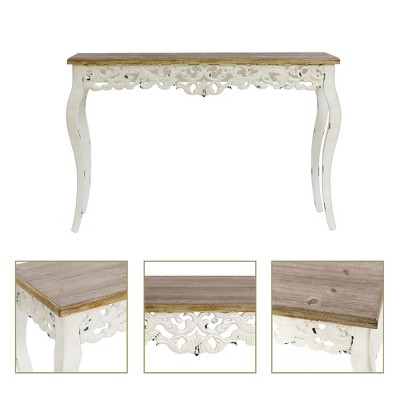 Victorian Off-White and Natural Wood Console Table with Storage