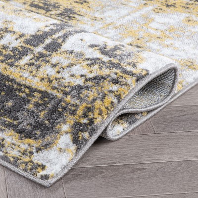 Modern Yellow and Gray Abstract Synthetic Runner Rug 2'x7'