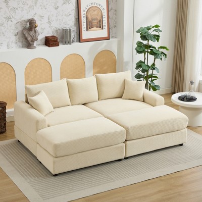 Oversize 82" Corduroy Upholstery Sectional Sofa Bed with 2 Pillows and 2 Movable Ottoman