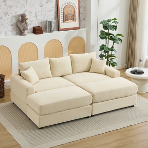 Oversize 82" Corduroy Upholstery Sectional Sofa Bed with 2 Pillows and 2 Movable Ottoman - 1 of 4