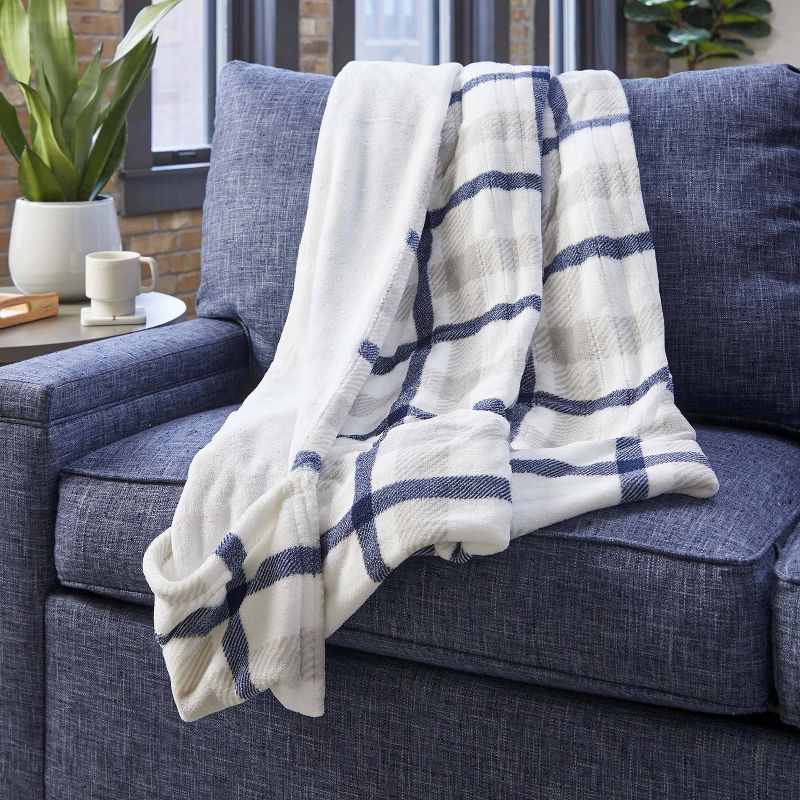 Sunbeam 50&#34; x 60&#34; Nordic Premium Heated Throw Foot Pocket Electric Blanket Blue Gray Plaid, 2 of 10