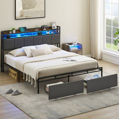 WhizMax Queen Bed Frame with 2-Tier Storage Headboard, Upholstered Platform Bed Frame with 2 Storage Drawers, Built in Charging Station & LED, Brown
