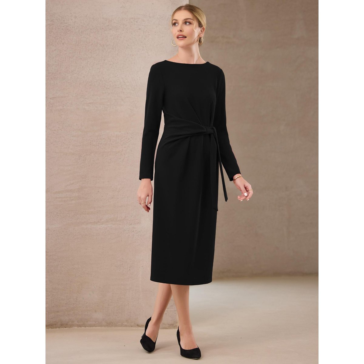 Женские платья INSPIRE CHIC Women's Midi Pencil Long Sleeve Tie Waist Church Work Sheath Dresses Small Black — фото 3