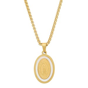 Steeltime Ladies stainless steel and mother of pearl Lady of Guadalupe pendant. Color Options: Silver, Gold - 1 of 4