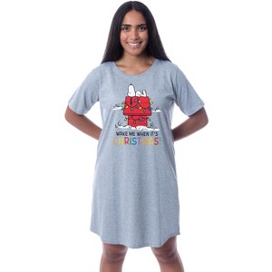 Peanuts Womens' Snoopy Wake Me Christmas Nightgown Sleep Pajama Shirt Grey - 1 of 4