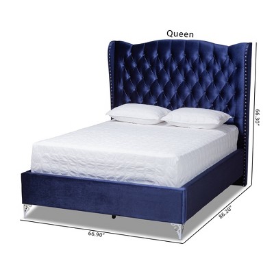 Luxurious Navy Blue Velvet Queen Bed with Tufted Wingback Headboard