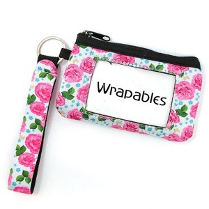 Wrapables Neoprene Mini Wristlet Wallet / Credit Card ID Holder with Lanyard, Pink Roses - 1 of 4
