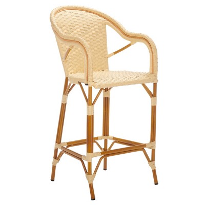 Natural Woven Faux Wicker and Aluminum Bar Stool with Arms