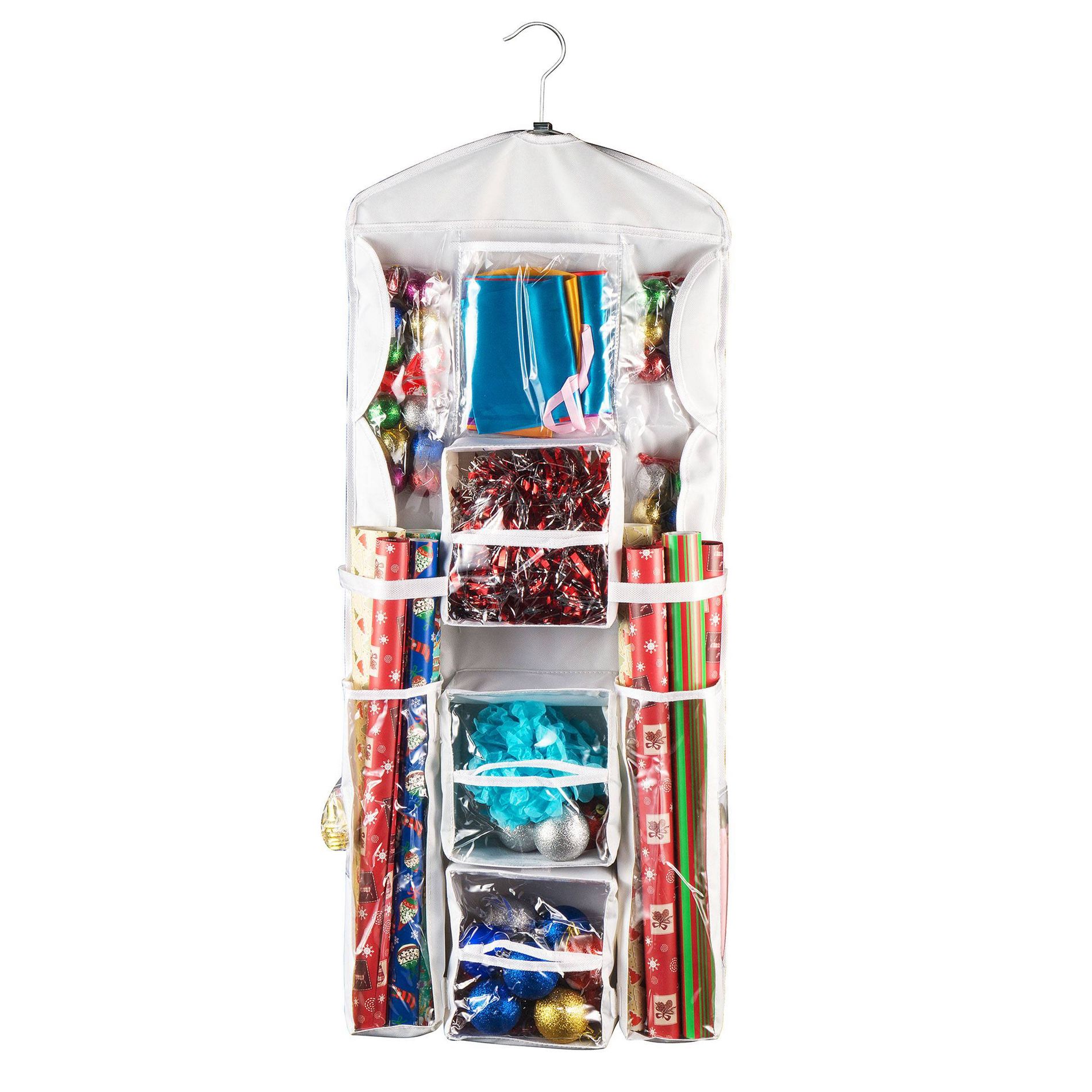 Elf Stor Double Sided Hanging Gift Wrap and Bag Organizer Stores it All: Clear Canvas Storage for Ornaments & Gift Bags