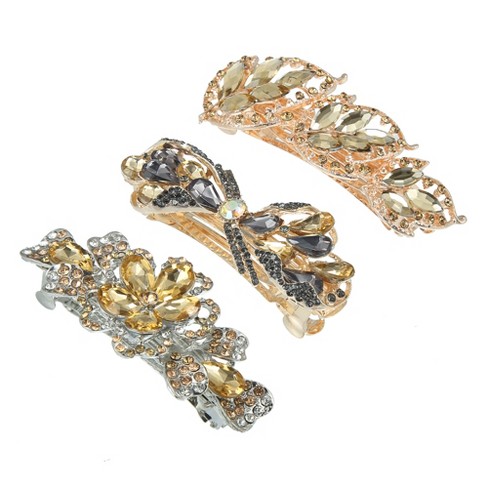 Unique Bargains Women's Hair Barrettes Shining Rhinestone Flower Butterfly  Flower Shape Hair Clip Spring Hair Barrette Hair Accessories 3Pcs