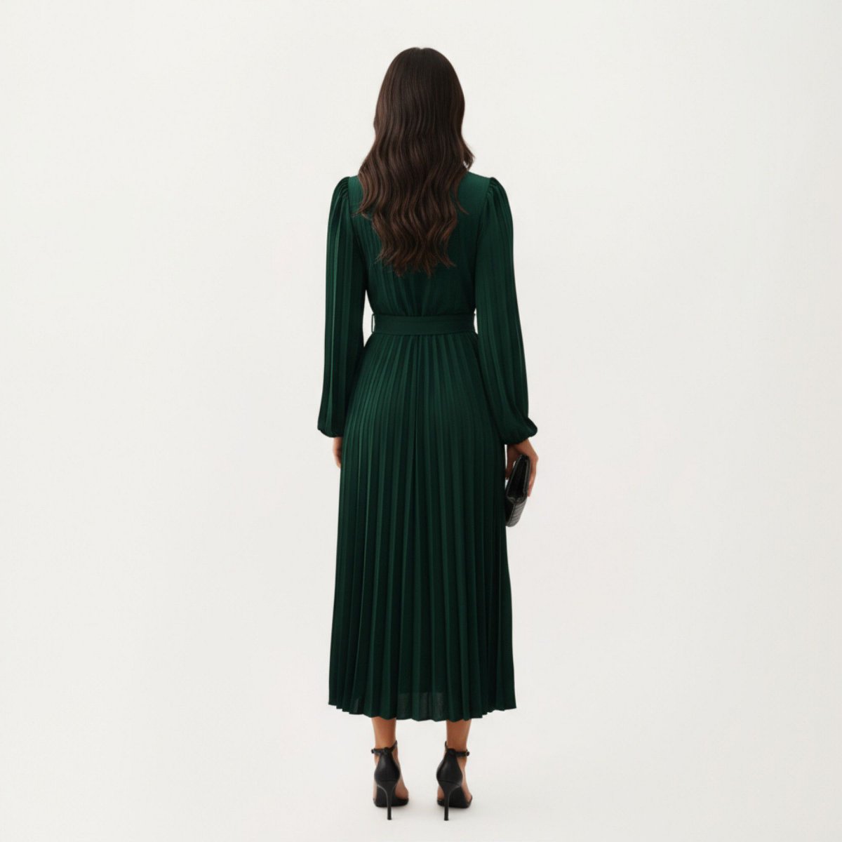 Женские платья Anna-Kaci Women's Long Sleeve Pleated Maxi Dress with Belted Waist and Round Neckline - Medium, Olive Green — фото 3