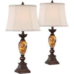 Kathy Ireland Vintage Table Lamps 30" Tall Set of 2 Aged Bronze Marbleized Golden Off White Oval Shade for Living Room Bedroom - 1 of 4
